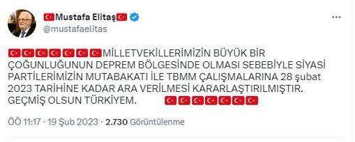 AK Partili Elitaş: TBMM çalışmalarına 28 Şubata kadar ara verildi