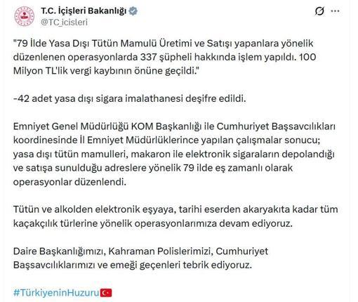 79 ilde kaçak sigara operasyonu; 337 şüpheli hakkında işlem