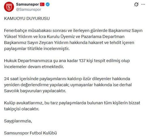 Samsunspor, hakaret ve tehdit paylaşımları için 137 kişi hakkında hukuki işlem başlatacak