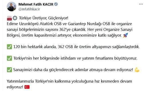 Bakan Kacır: OSB sayısını 362ye çıkardık