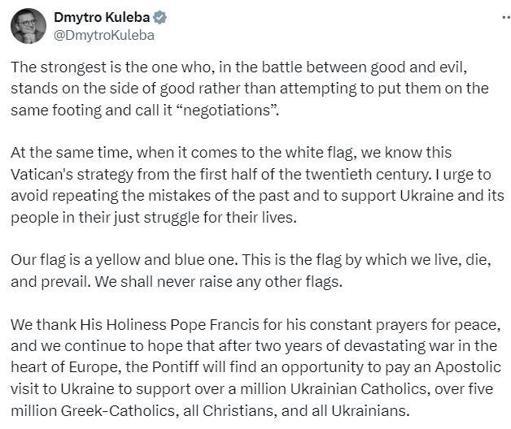 Ukrayna Dışişleri Bakanı Kuleba’dan Papa Francis’e ‘beyaz bayrak’ tepkisi