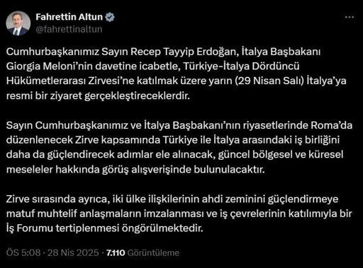 Cumhurbaşkanı Erdoğan, yarın İtalyaya gidecek