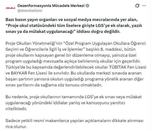 DMM: Proje okullarda ek sınav ya da mülakat uygulanacak iddiası doğru değil