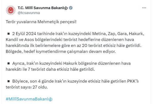 MSB: Son 4 günde 27 terörist etkisiz hale getirildi