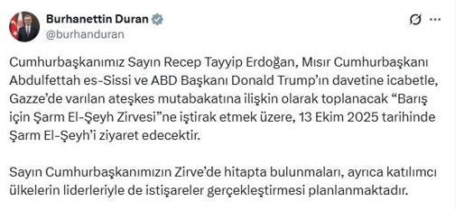 Cumhurbaşkanı Erdoğan, Gazze zirvesi için yarın Mısıra gidecek