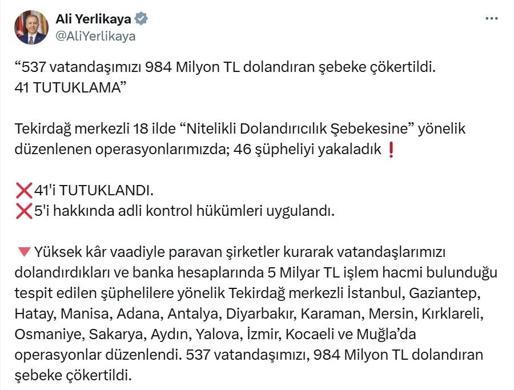 Tekirdağ merkezli 18 ilde dolandırıcılık operasyonu; 41 tutuklama