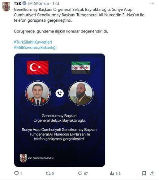 Genelkurmay Başkanı Bayraktaroğlu, Suriyeli mevkidaşı El-Nasan ile görüştü