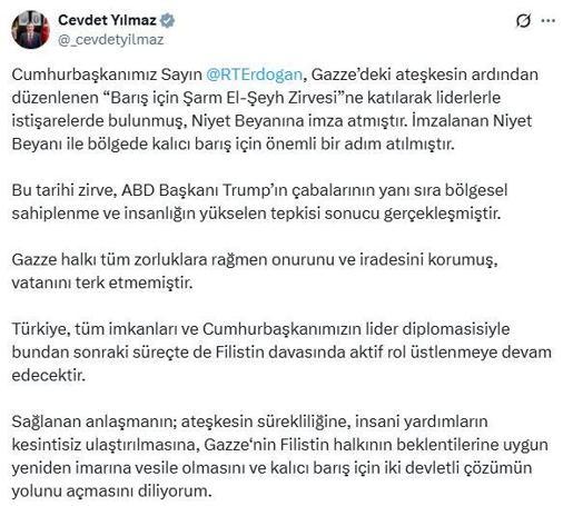 Cevdet Yılmaz: Türkiye, Filistin davasında aktif rol üstlenmeye devam edecektir
