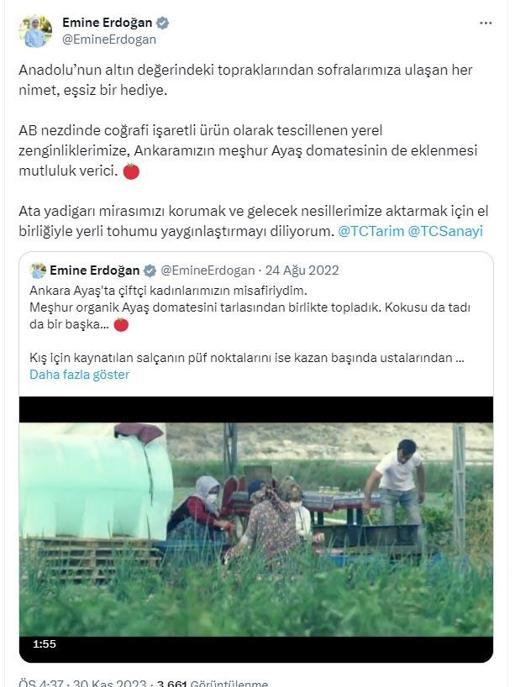 Emine Erdoğandan Ayaş domatesi paylaşımı