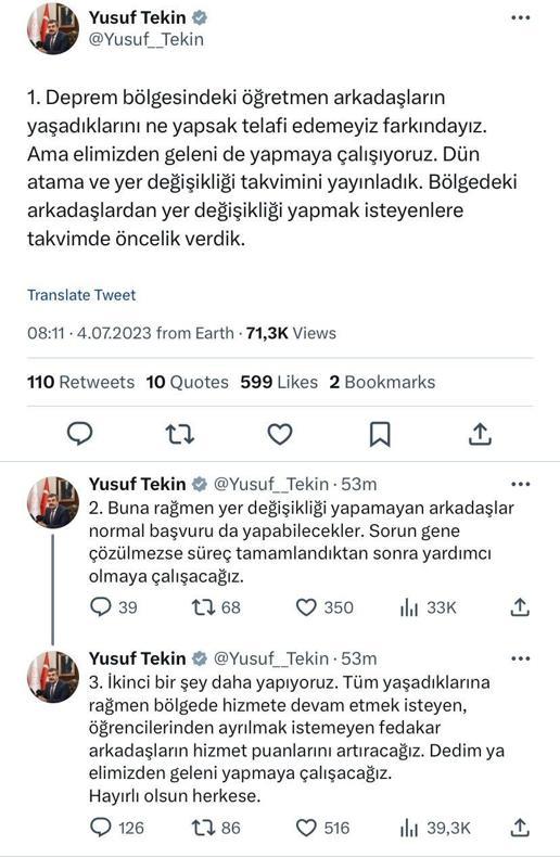 Bakan Tekin: Deprem bölgesinde öğretmenlerin hizmet puanlarını artıracağız