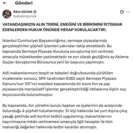 Bakan Gürlekten sermaye piyasalarında manipülasyon soruşturmaları açıklaması; 20 şüpheli tutuklandı