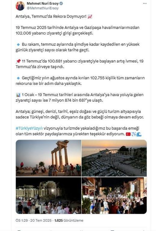 Antalyaya 1 günde 102 bin 6 yabancı turist geldi