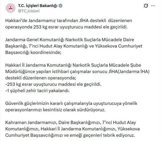 Hakkaride 253 kilo esrar ele geçirildi