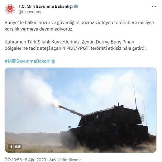 MSB: Taciz ateşi açan 4 PKKlı etkisiz hale getirildi