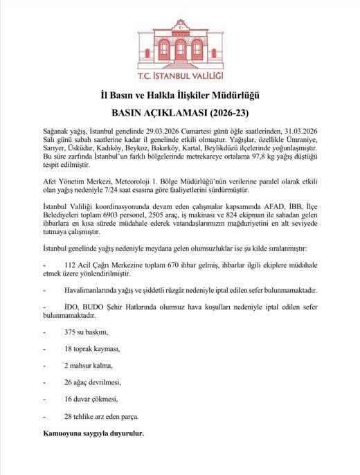 İstanbul Valiliği: 3 günde metrekareye 97 kilogram yağış düştü