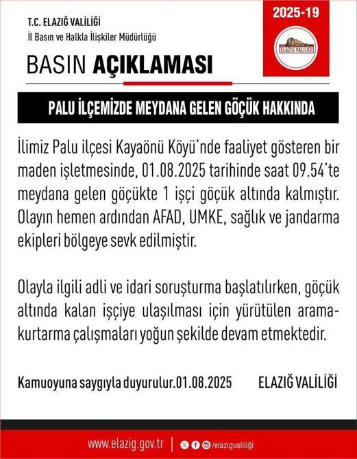 Elazığda madende göçük; 1 işçi mahsur kaldı