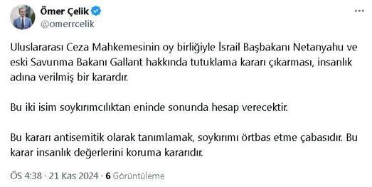 AK Partili Çelik: Netanyahu ve Gallant hakkında tutuklama kararı, insanlık adına verilmiş bir karardır