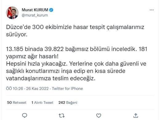 Bakan Kurum: Düzcede 181 yapı ağır hasarlı