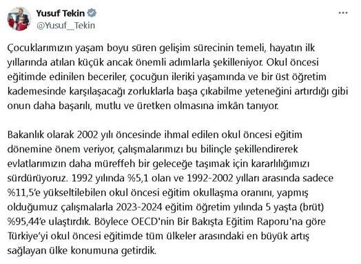 Bakan Tekin: Okul öncesi eğitimde okullaşma oranını yüzde 95e ulaştırdık