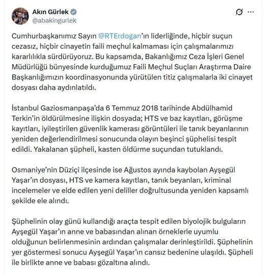 Bakan Gürlek: İki cinayet dosyası daha aydınlatıldı