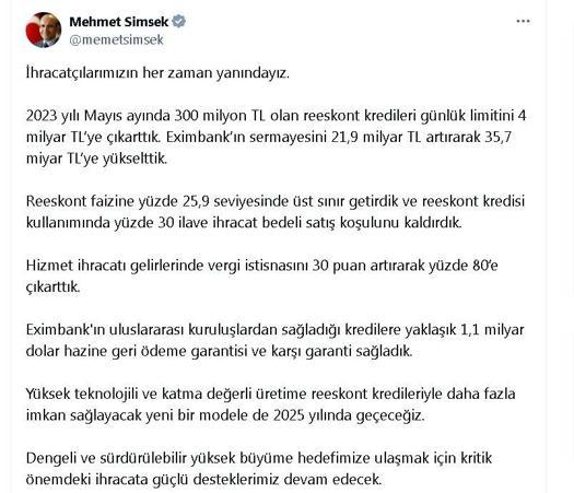 Bakan Şimşek: İhracata güçlü desteğimiz devam edecek