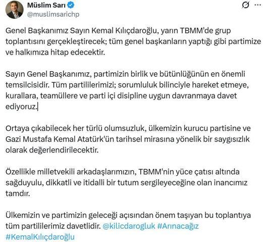 CHP Sözcüsü Sarı: Genel Başkanımız Kılıçdaroğlu, yarın grup toplantısını gerçekleştirecek