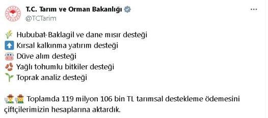 119 milyon TL tarımsal destekleme ödemesi çiftçilerin hesabına yatırıldı