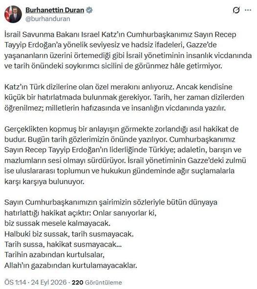 İletişim Başkanı Durandan, İsrail Savunma Bakanı Katza tepki