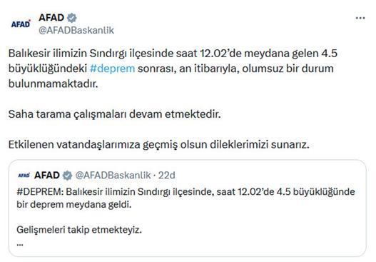 Balıkesirde 4.5 büyüklüğünde deprem