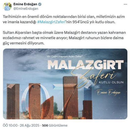 Emine Erdoğan: Malazgirt Zaferinin 954üncü yılı kutlu olsun