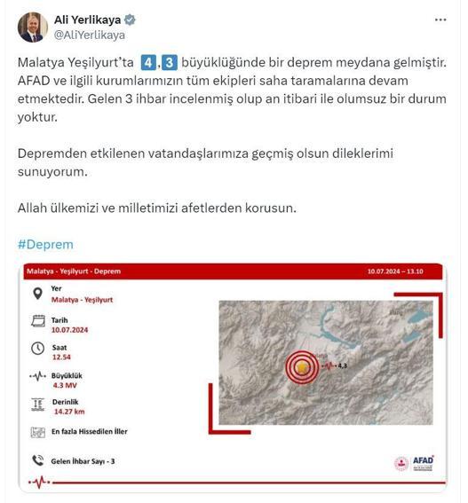 Malatyada 4.3 büyüklüğünde deprem