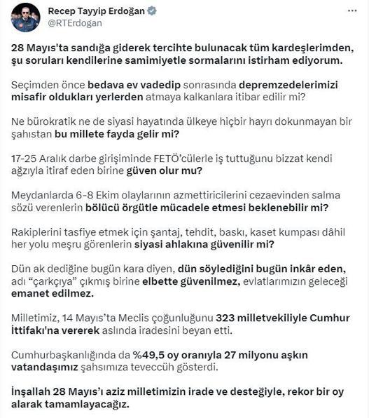 Cumhurbaşkanı Erdoğan: 28 Mayısı rekor bir oy alarak tamamlayacağız