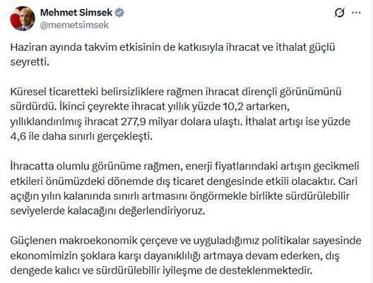 Bakan Şimşek: Cari açığın sürdürülebilir seviyelerde kalacağını değerlendiriyoruz