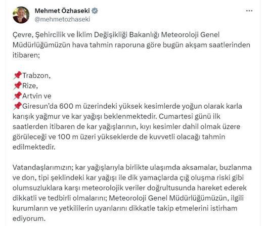 Bakan Özhasekiden Doğu Karadeniz için kar uyarısı