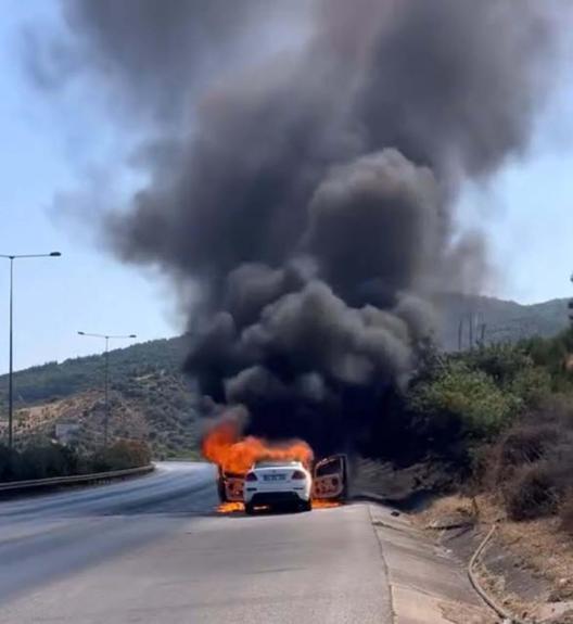 İzmirde otomobilde çıkan yangın, makilik alana sıçradı