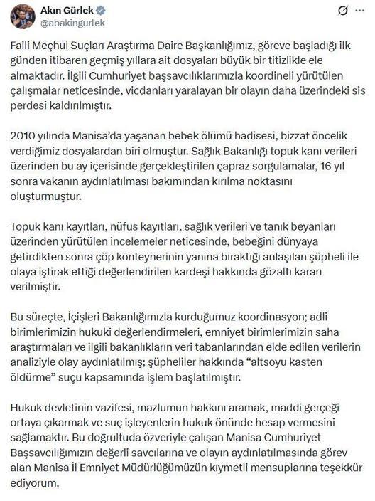 Bakan Gürlek: Bebeğini çöpe bıraktığı tespit edilen şüpheli ve kardeşi hakkında gözaltı kararı verildi