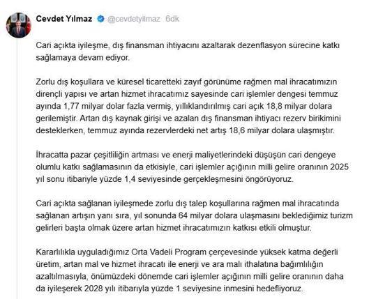 Yılmaz: Cari açığın milli gelire oranının yüzde 1,4 seviyesinde gerçekleşmesini öngörüyoruz