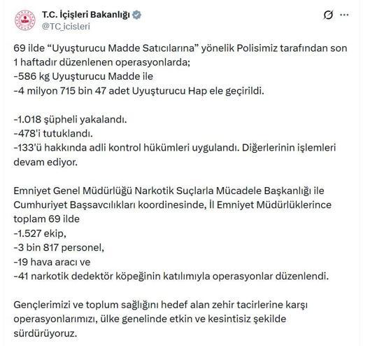 69 ilde uyuşturucu operasyonu: 478 tutuklama