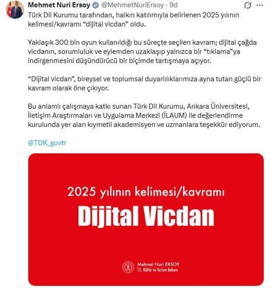 Bakan Ersoy: 2025 yılının kelimesi dijital vicdan oldu
