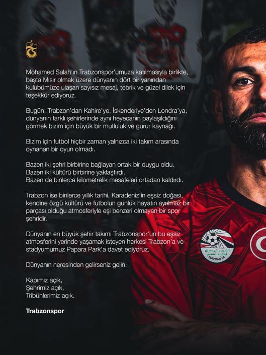 Trabzonspor’dan dünyaya Salah daveti: Kapımız, şehrimiz, tribünlerimiz açık