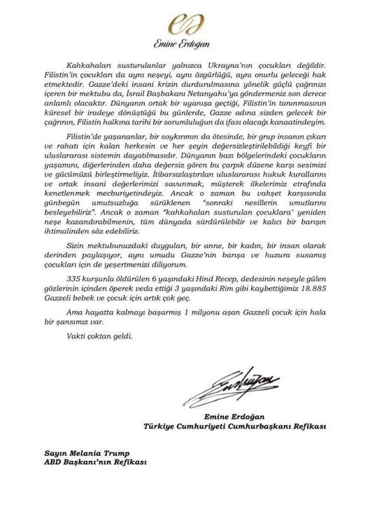 Emine Erdoğandan Melania Trumpa Gazze mektubu