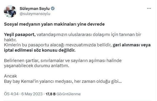 Bakan Soyludan yeşil pasaport açıklaması