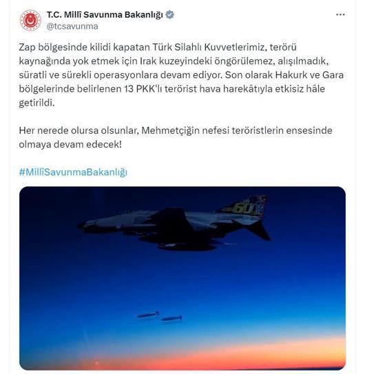 MSB: 13 PKKlı terörist hava harekatıyla etkisiz hale getirildi