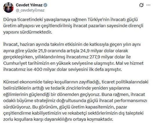 Cevdet Yılmaz: Güçlü ihracat performansımızı sürdürüyoruz