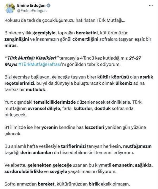 Emine Erdoğandan Türk Mutfağı Haftası mesajı