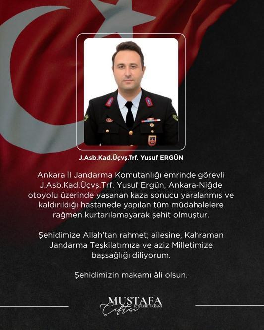 Otomobilin çarptığı Jandarma Astsubay Üstçavuş Ergün şehit oldu