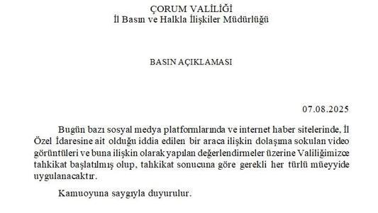 Çorum Valiliğinden sosyal medyadaki araç görüntüsü ile ilgili açıklama