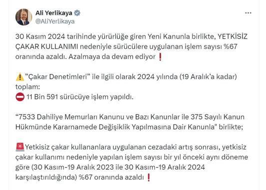 Bakan Yerlikaya: 2024te yetkisiz çakar kullanan 11 bin 591 sürücüye işlem yapıldı