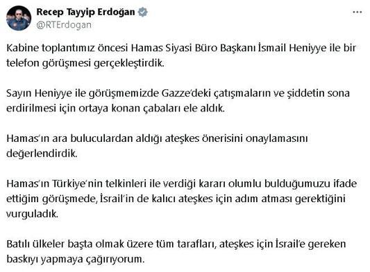 Erdoğan, Hamas Siyasi Büro Başkanı Heniyye ile telefonda görüştü