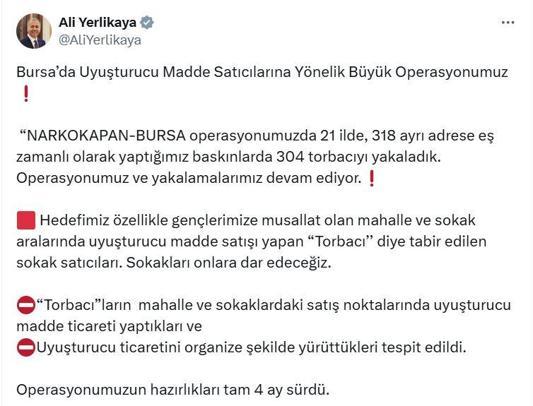 Bursa merkezli 21 ilde uyuşturucu operasyonu; 304 gözaltı